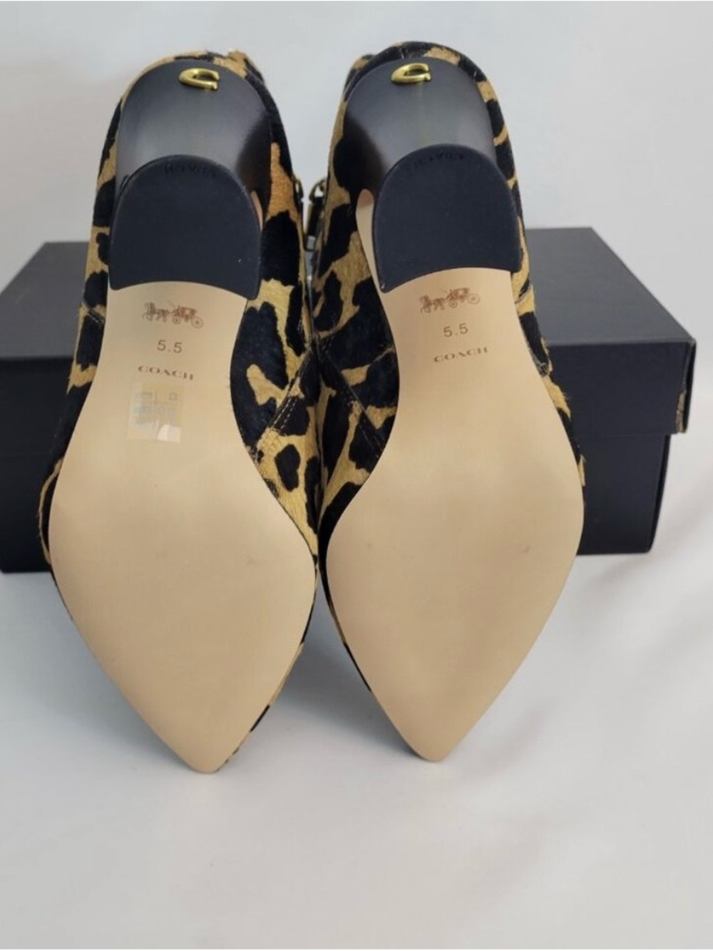 Coach Leopard Print Pointed Toe Ankle Boots - Black & Tan - Picture 2 of 2